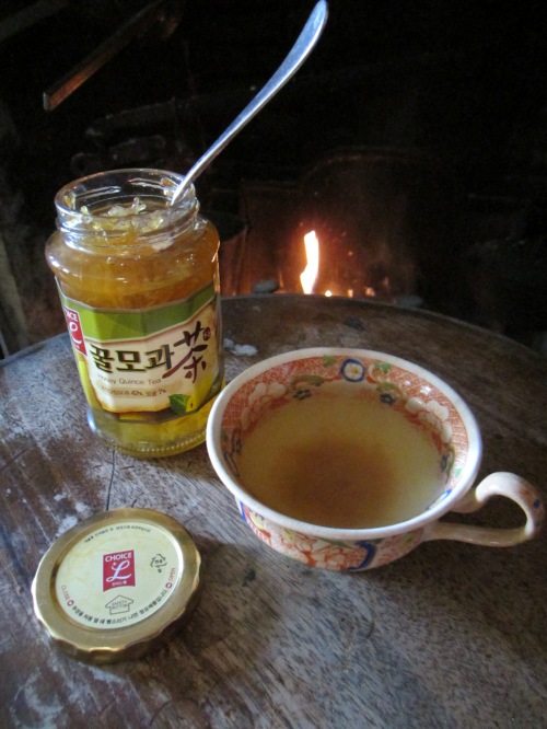My son,Colin and daughter-in-law, JungHwa brought me quince tea from South Korea.  You could make a similar tea by infusing a spoonful of quince marmalade and a dab of honey in hot water.
